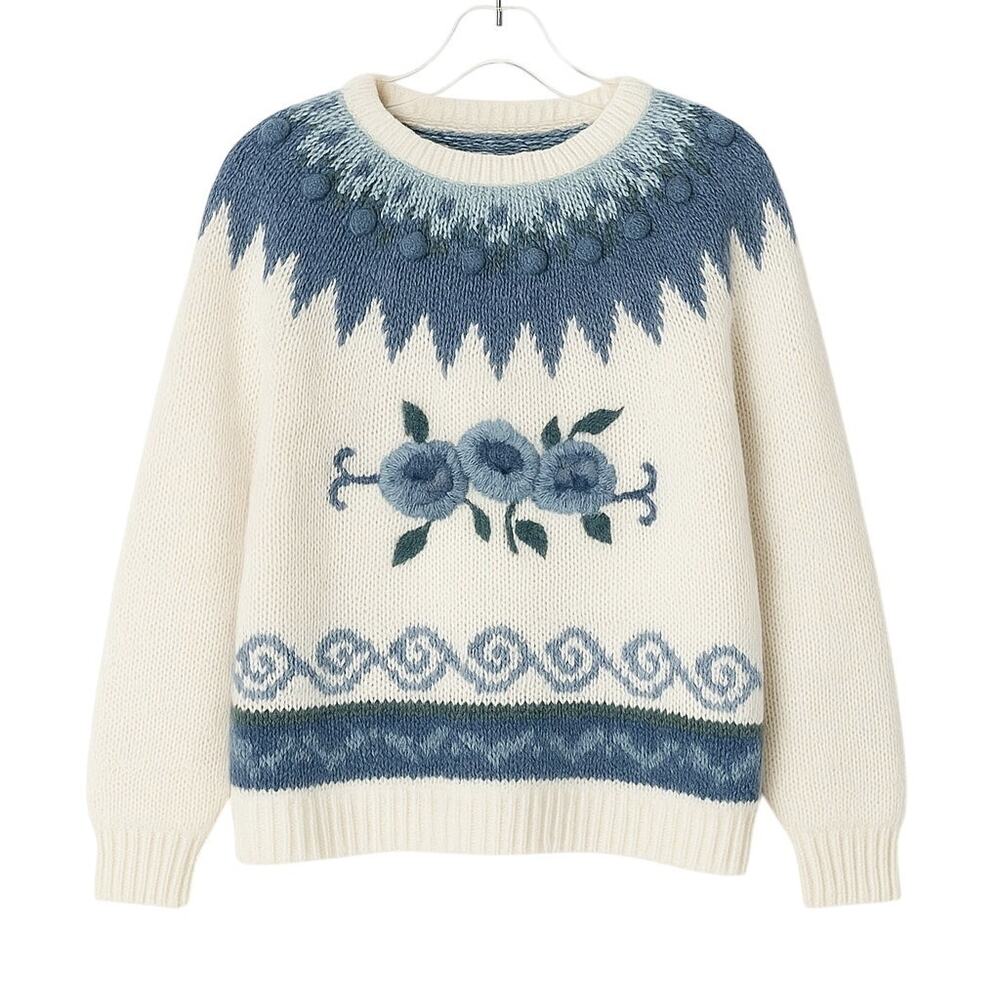 1980s Huntington & Ridge Sweater Vintage Blue Floral Chunky Knit Sweater Grandma - Picture 2 of 7